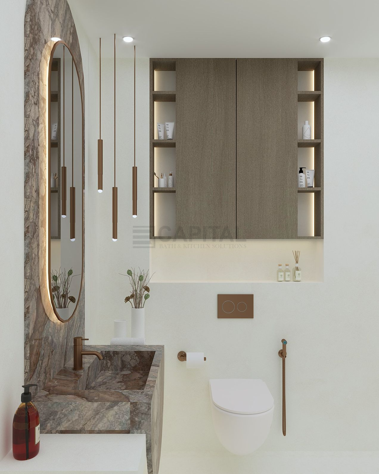 Compact Powder Bathroom with Arched Brown Marble Vanity