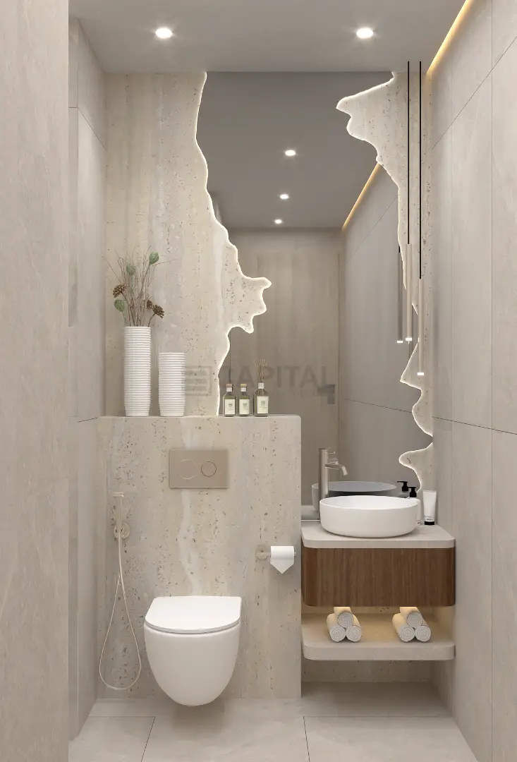 Artistic Powder Room: Organic Design & Travertine Textures