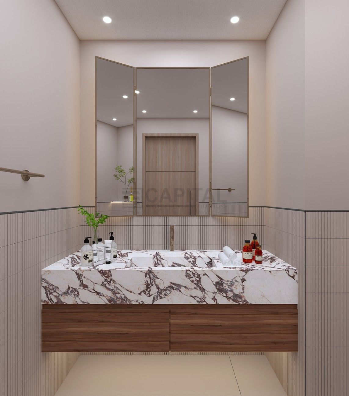 Modern White Marble Powder Counter with Walnut Wood Base