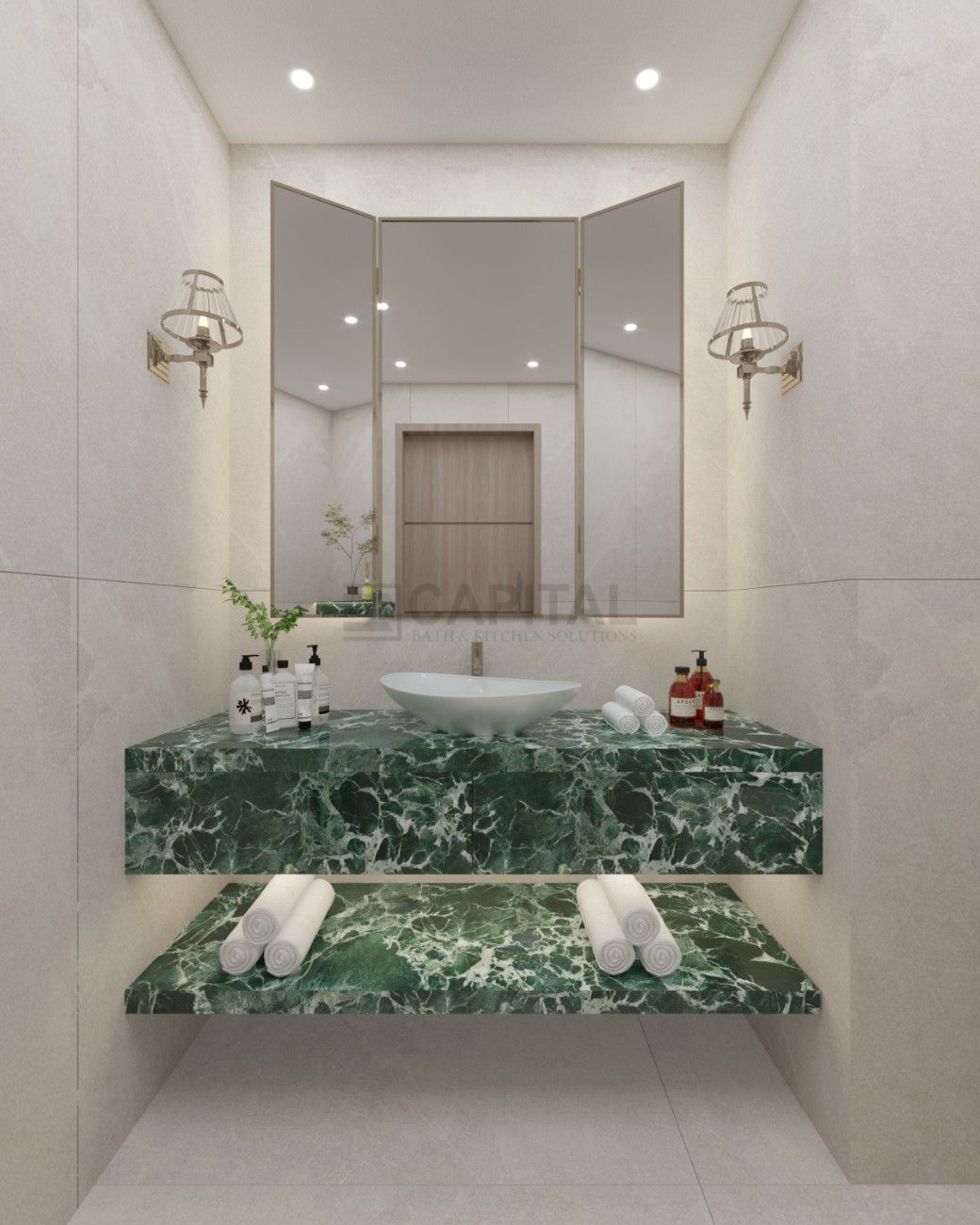 Luxury Green Marble Powder Counter & Wall-Mounted Vanity