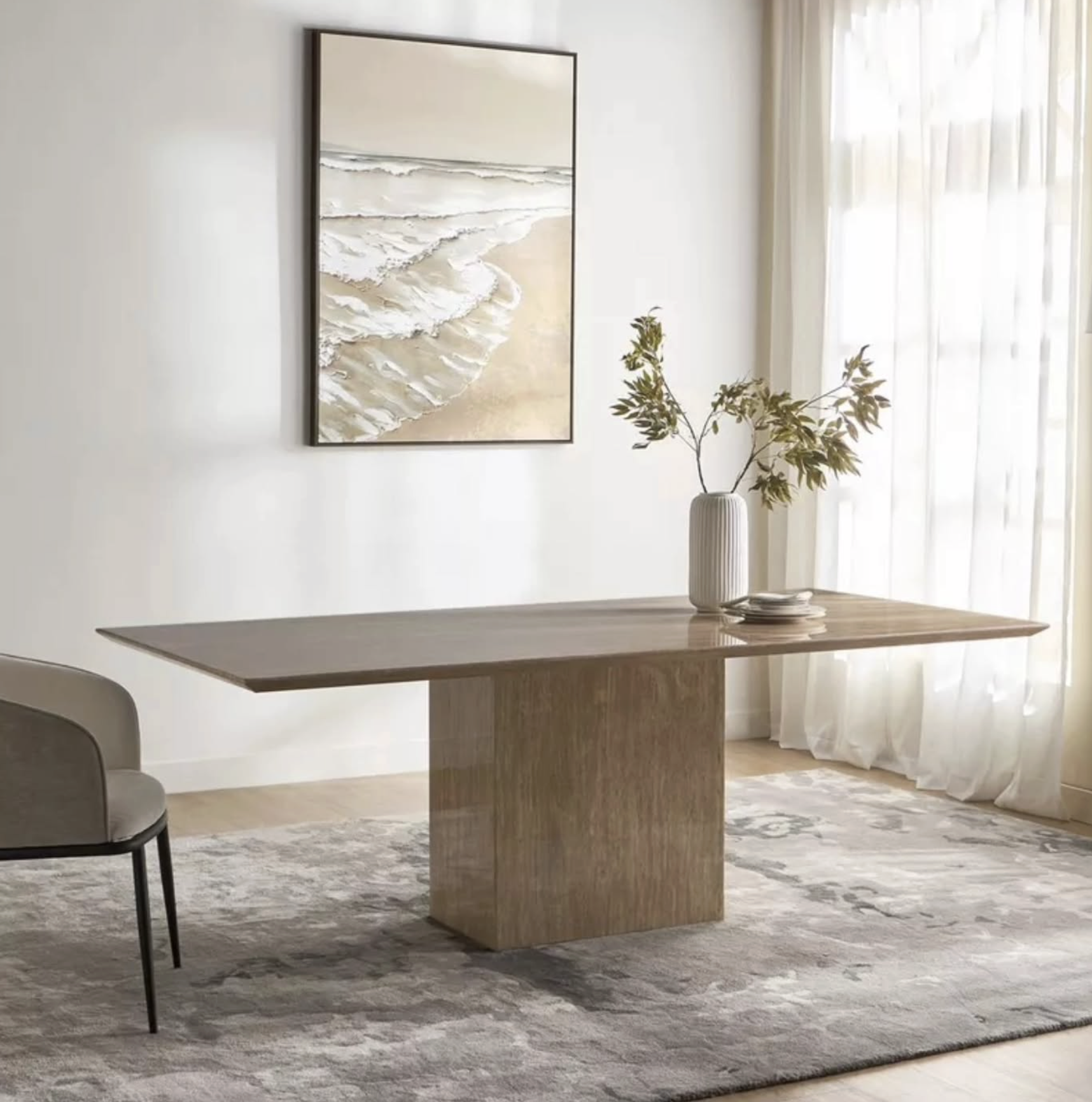 Patagonia dining table top made of sintered  stone having 3cm facia with sintered stone cladded base Real