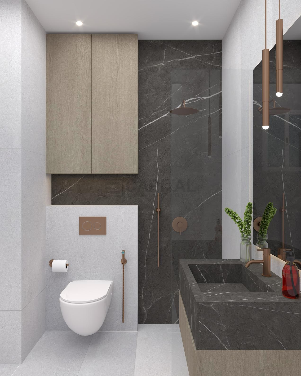 Sleek Narrow Bathroom with Dark Marble Vanity & Bronze Fixtures