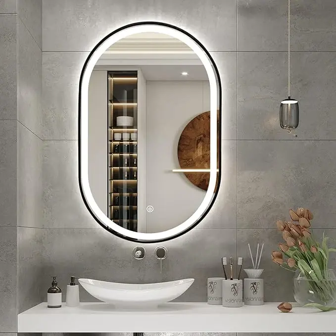 Waterproof LED Oval Bathroom Mirror with Anti-Fog & Touch Sensor - Black Frame 