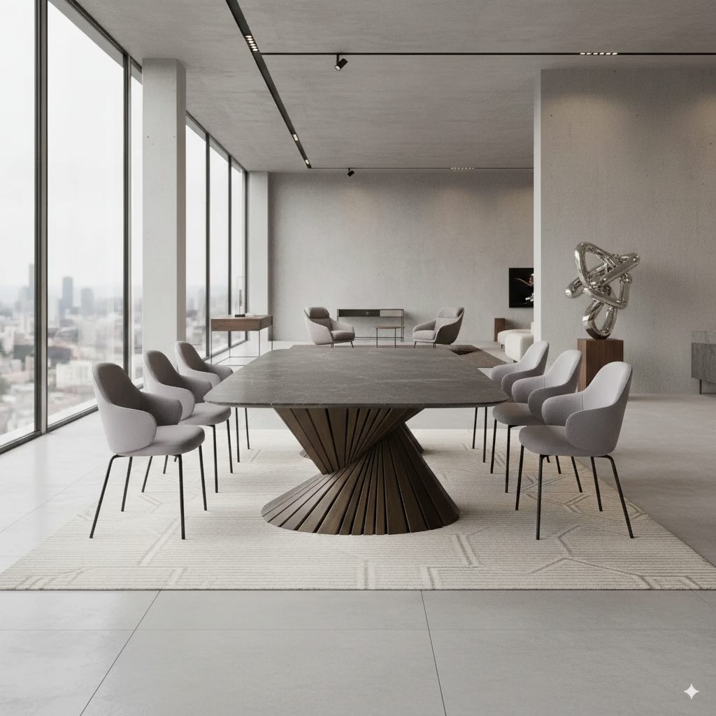 Large Black Marble Dining Table with Rotating Wood Base Real