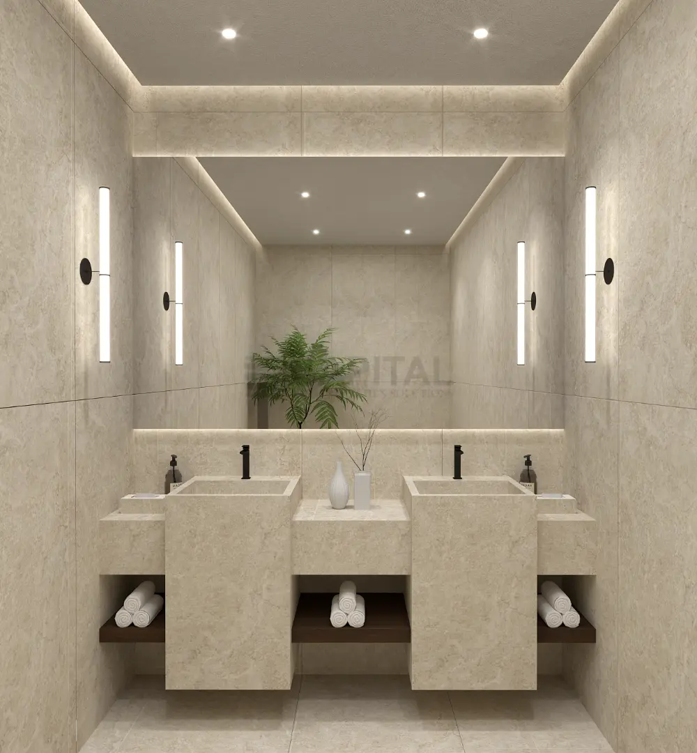 Elegant Majlis Guest Washroom: Integrated Stone & Modern Minimalism 