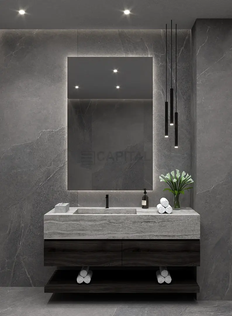 Sophisticated Grey Porcelain Vanity Integrated Sink, LED Mirror & Dark Wood Accents 