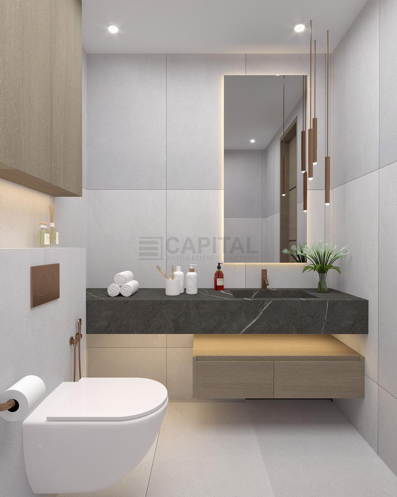 Compact Dark Stone Bathroom with Bronze Accents & Floating Vanity