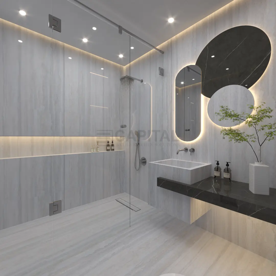 Minimalist Guest Bathroom Design with Floating Vanity & Integrated Lighting | Modern Aesthetics UAE