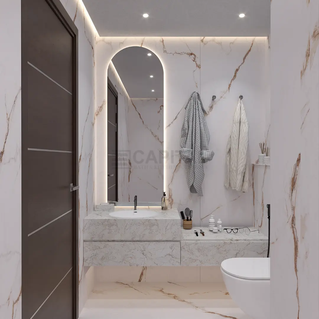 Chic Compact Bathroom: Porcelain  Elegance with Smart Design