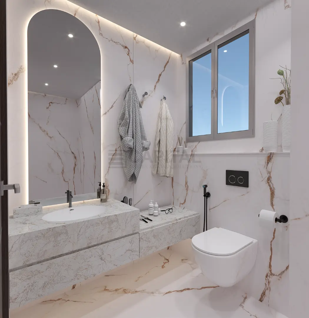 Contemporary Porcelain Retreat: Single Vanity Bathroom with Arch Mirror
