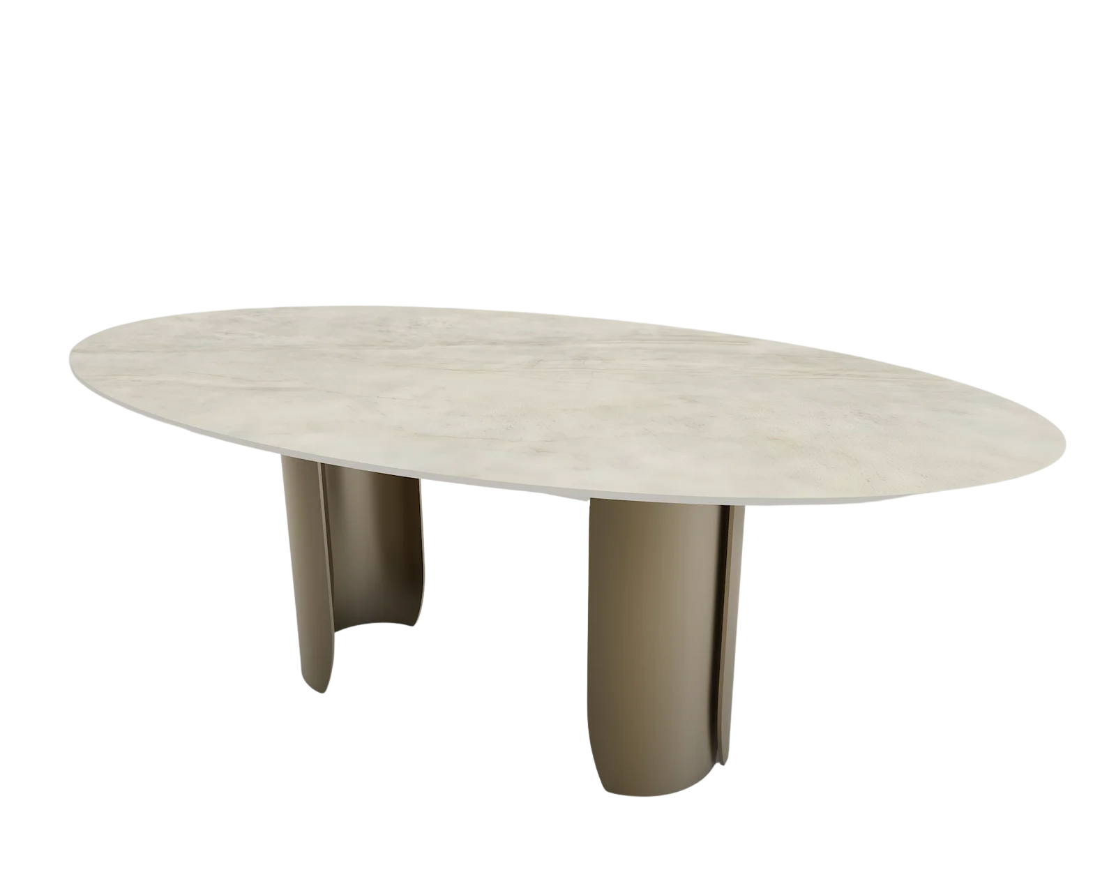 Taj Mahal oval dining table top made of sintered  stone having no facia with curved shaped joint metal leg base 2025 3D