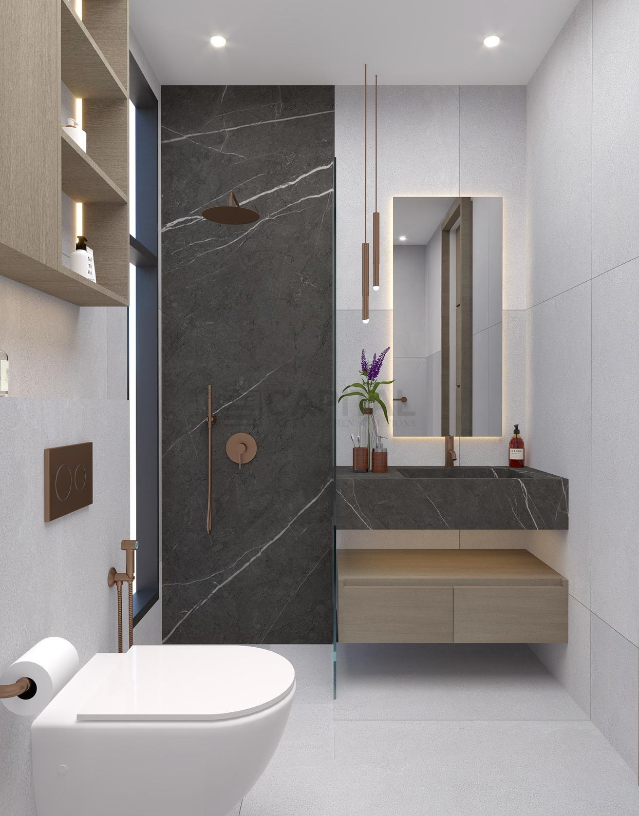 Vertical Compact Bathroom with Dark Marble Shower & Bronze Accents