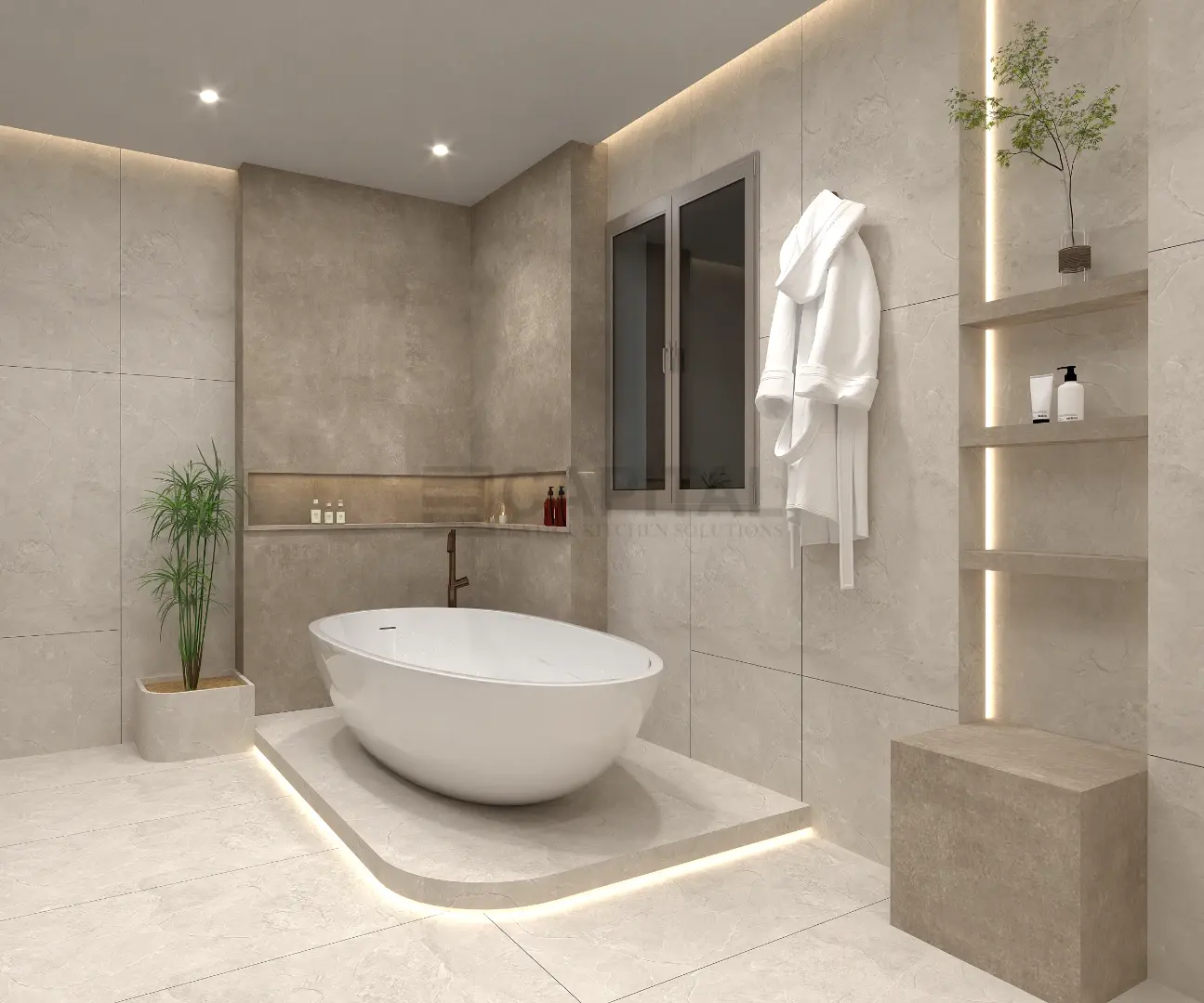 Porcelain Master Bathroom  Dramatic Feature Wall, Elevated Tub & Smart Storage 