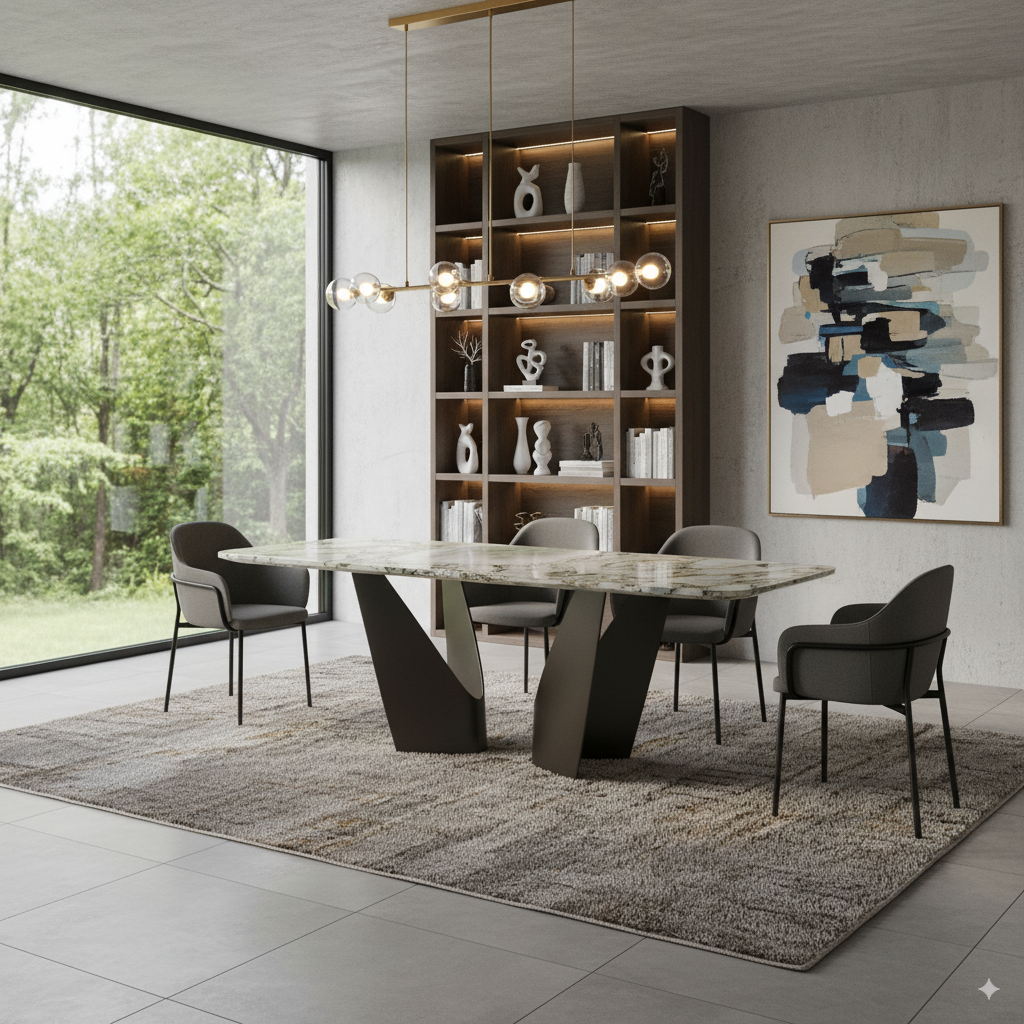 Modern Marble Dining Table with Bronze Sculptural Base Real