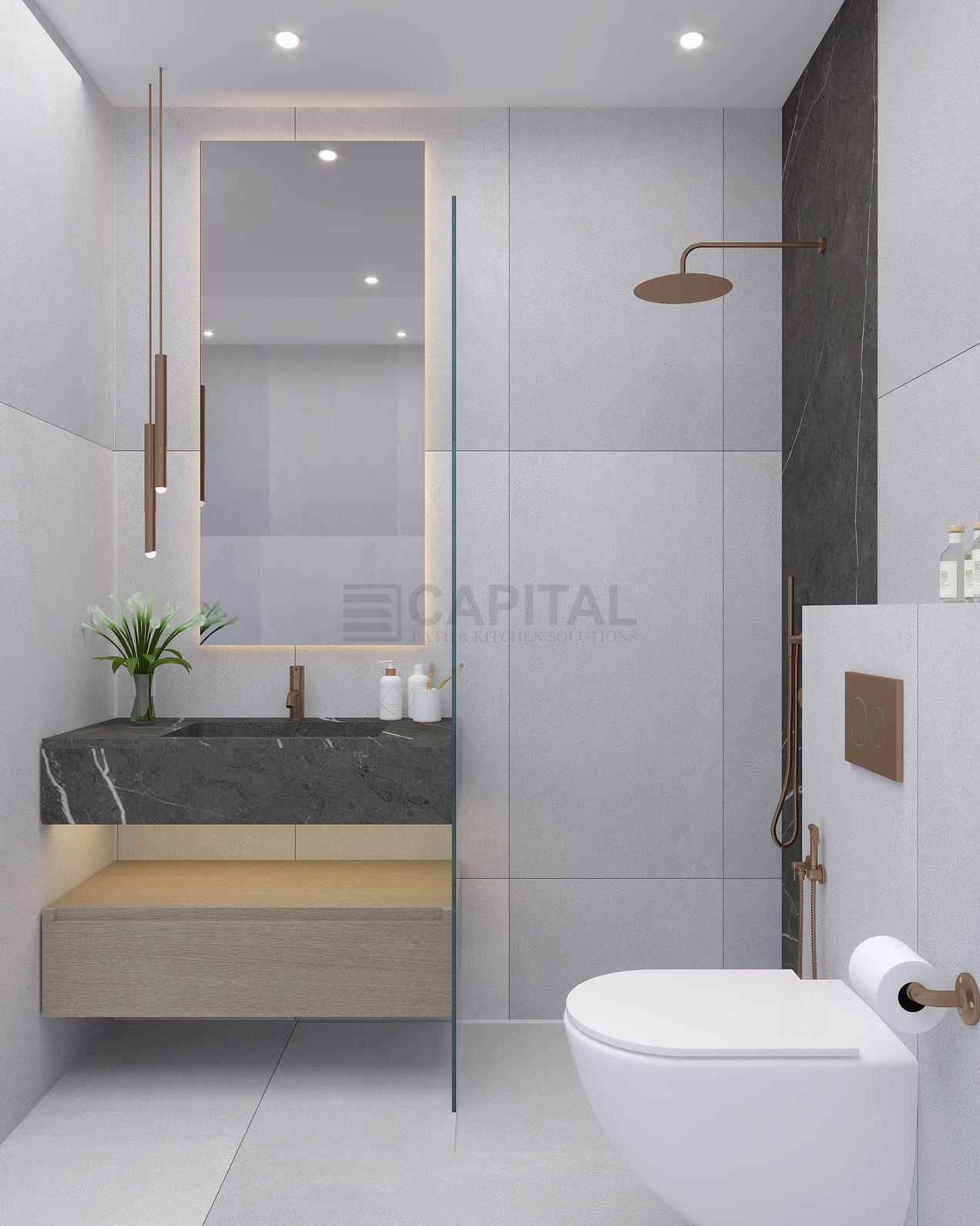 legant Compact Bathroom with Dark Marble Vanity & Bronze Fixtures 