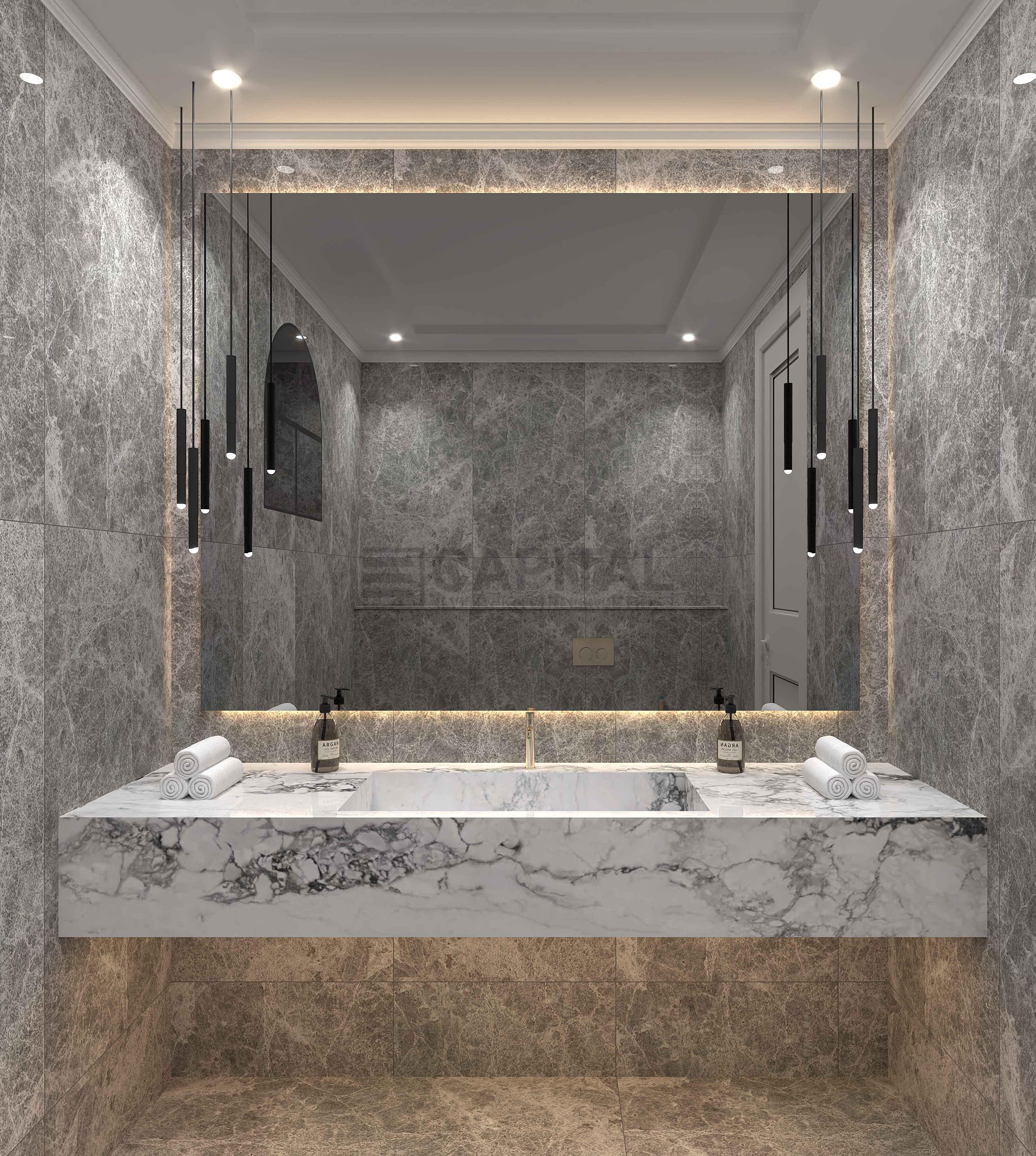 Luxury Powder Room with Porcelain Vanity, Dual Basins & Backlit Mirror