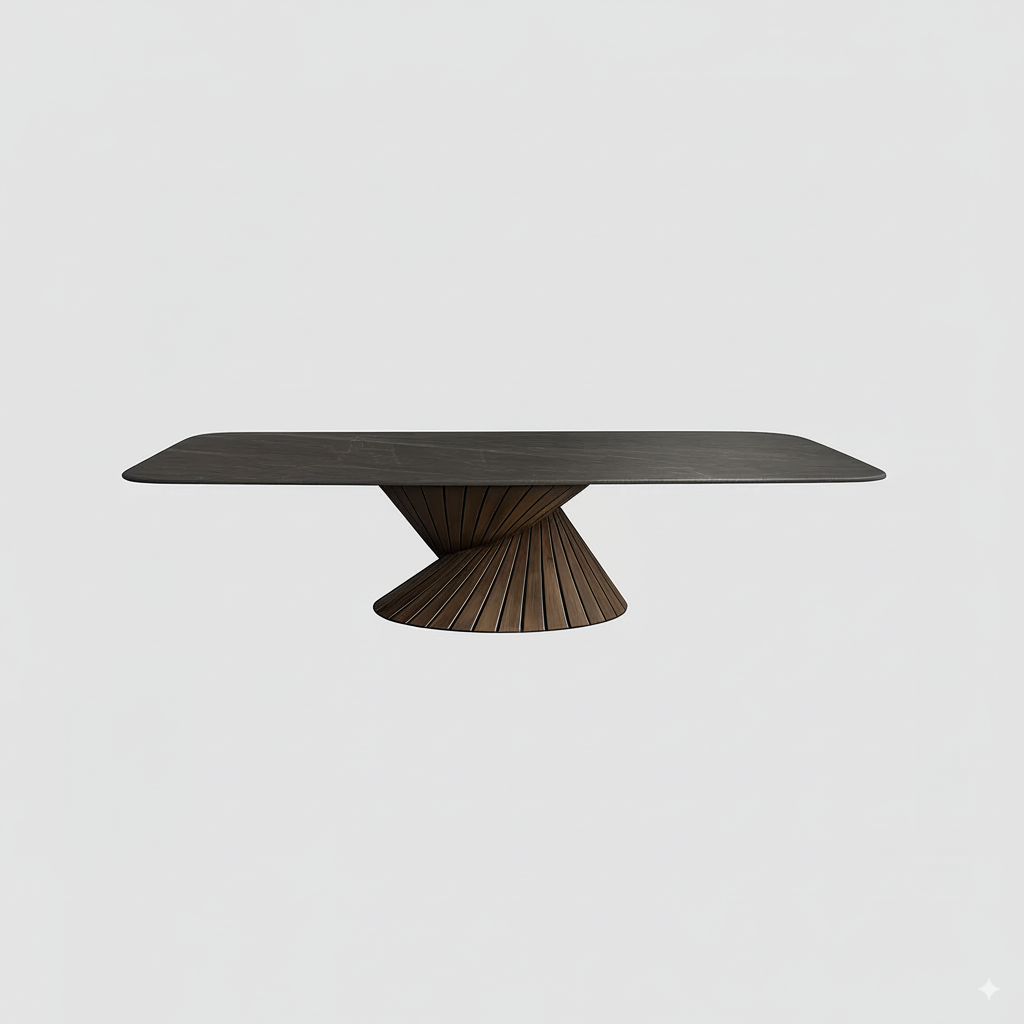 Large Black Marble Dining Table with Rotating Wood Base 3D
